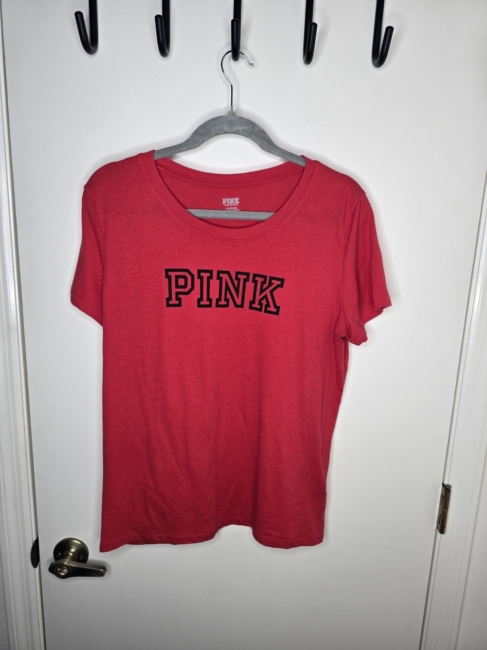 PINK Victoria's Secret Crewneck Tee in Bright Red with Black Logo